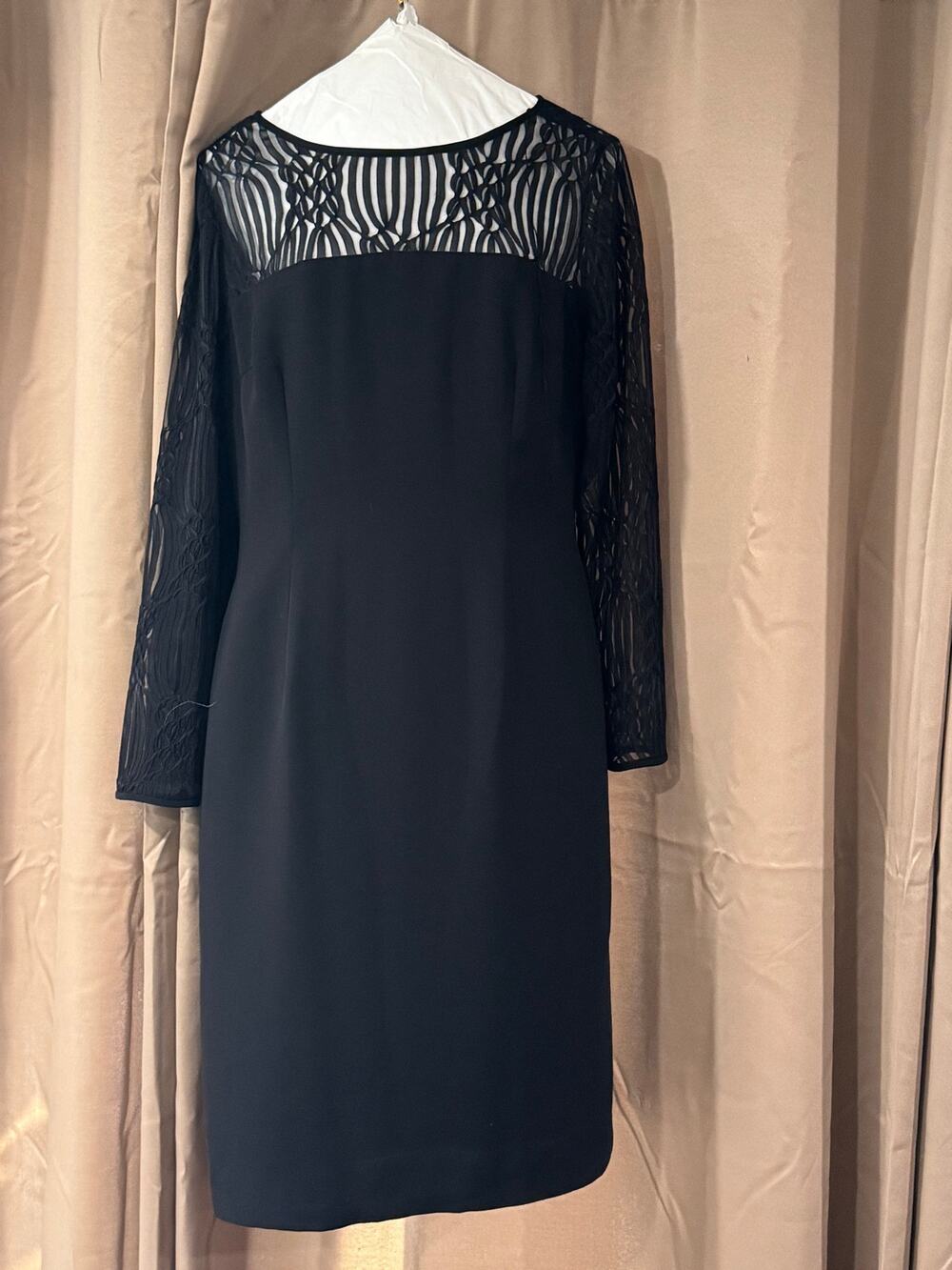 Maggy London Black Sheath Dress Size 12 Illusion Lace Long Sleeve Cocktail Dress